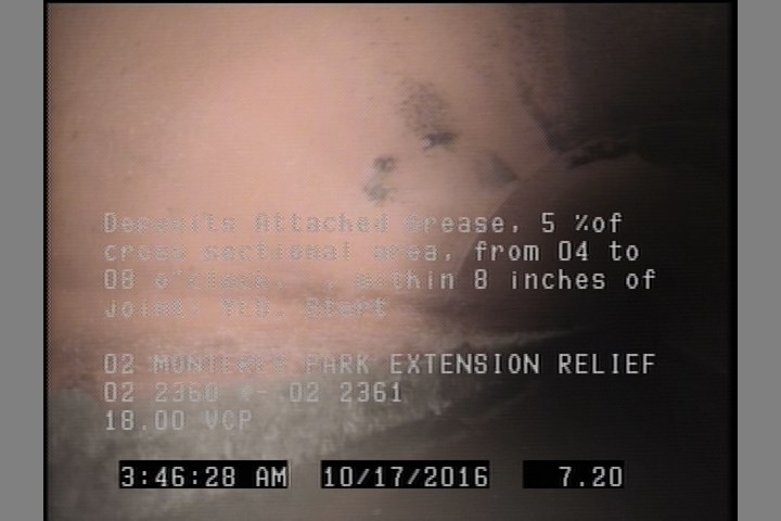 Deposits Attached Grease, 5 %of cross sectional area, from 04 to 08 o'clock, , within 8 inches of joint: YES, Start