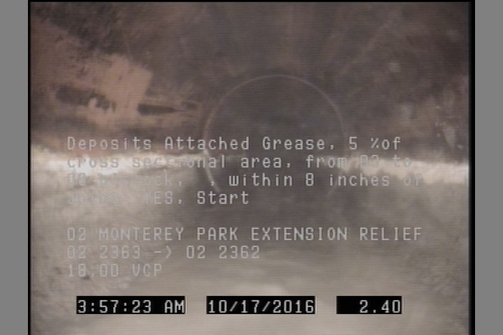 Deposits Attached Grease, 5 %of cross sectional area, from 03 to 09 o'clock, , within 8 inches of joint: YES, Start