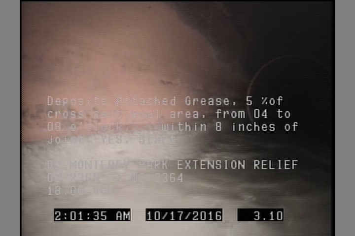 Deposits Attached Grease, 5 %of cross sectional area, from 04 to 08 o'clock, , within 8 inches of joint: YES, Start
