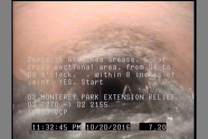 Deposits Attached Grease, 5 %of cross sectional area, from 04 to 08 o'clock, , within 8 inches of joint: YES, Start