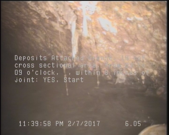 Deposits Attached Grease, 10 %of cross sectional area, from 03 to 09 o'clock, , within 8 inches of joint: YES, Start