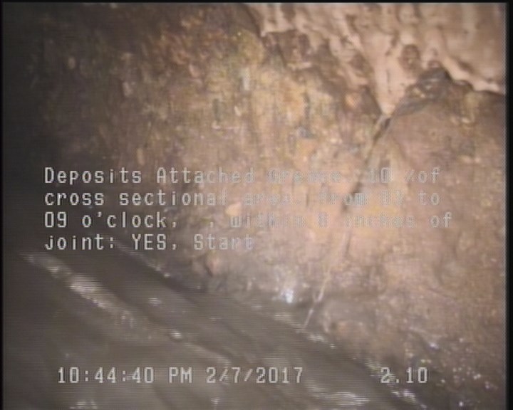 Deposits Attached Grease, 10 %of cross sectional area, from 03 to 09 o'clock, , within 8 inches of joint: YES, Start