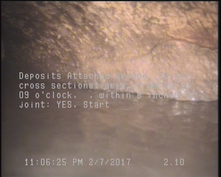 Deposits Attached Grease, 10 %of cross sectional area, from 03 to 09 o'clock, , within 8 inches of joint: YES, Start
