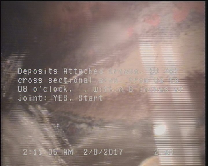 Deposits Attached Grease, 10 %of cross sectional area, from 04 to 08 o'clock, , within 8 inches of joint: YES, Start