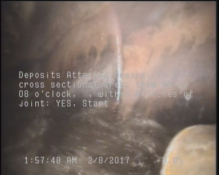 Deposits Attached Grease, 10 %of cross sectional area, from 04 to 08 o'clock, , within 8 inches of joint: YES, Start
