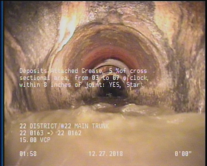 Deposits Attached Grease, 5 %of cross sectional area, from 03 to 09 o'clock, , within 8 inches of joint: YES, Start