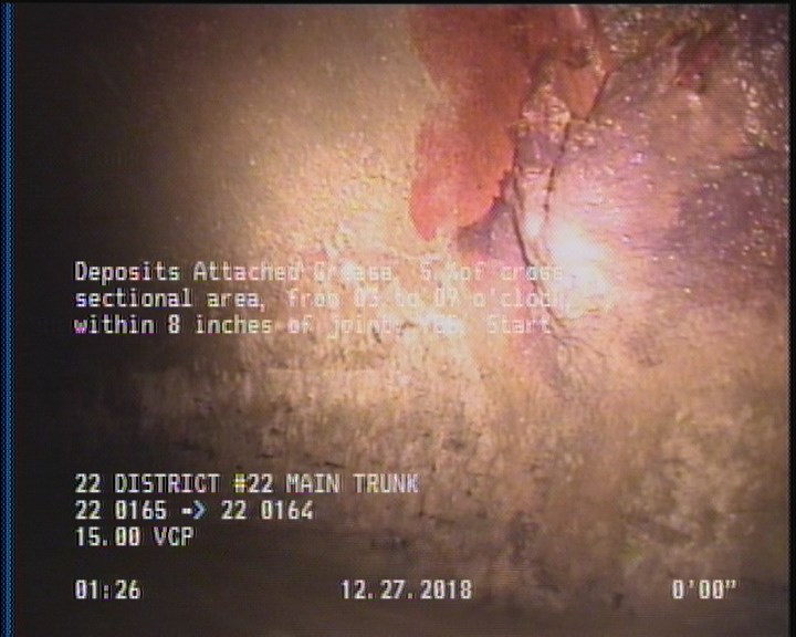 Deposits Attached Grease, 5 %of cross sectional area, from 03 to 09 o'clock, , within 8 inches of joint: YES, Start
