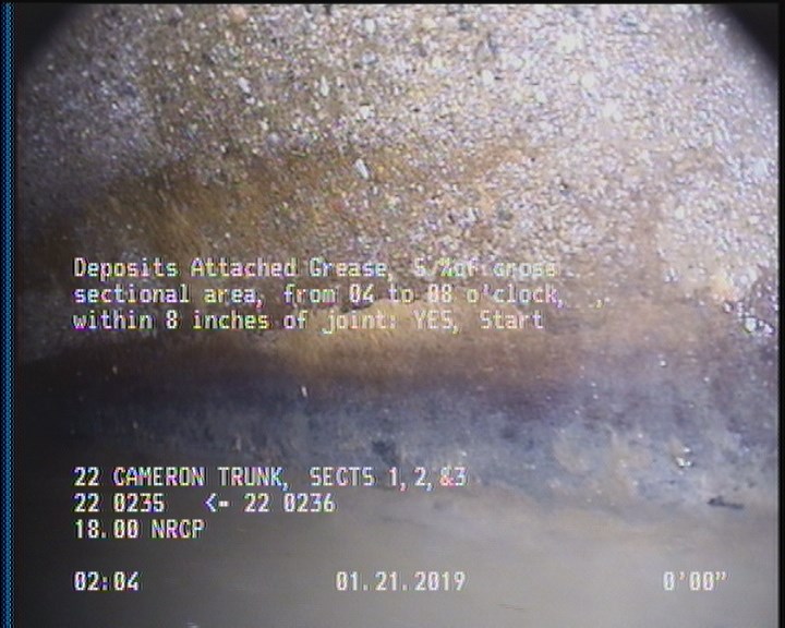 Deposits Attached Grease, 5 %of cross sectional area, from 04 to 08 o'clock, , within 8 inches of joint: YES, Start