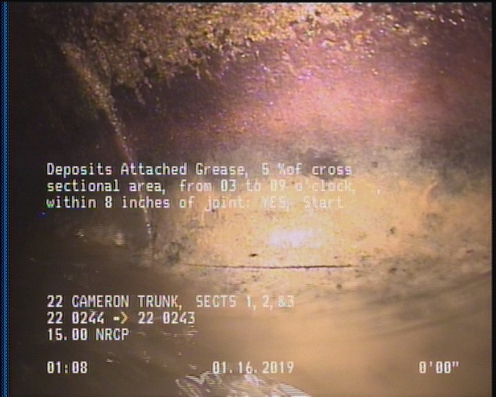 Deposits Attached Grease, 5 %of cross sectional area, from 03 to 09 o'clock, , within 8 inches of joint: YES, Start
