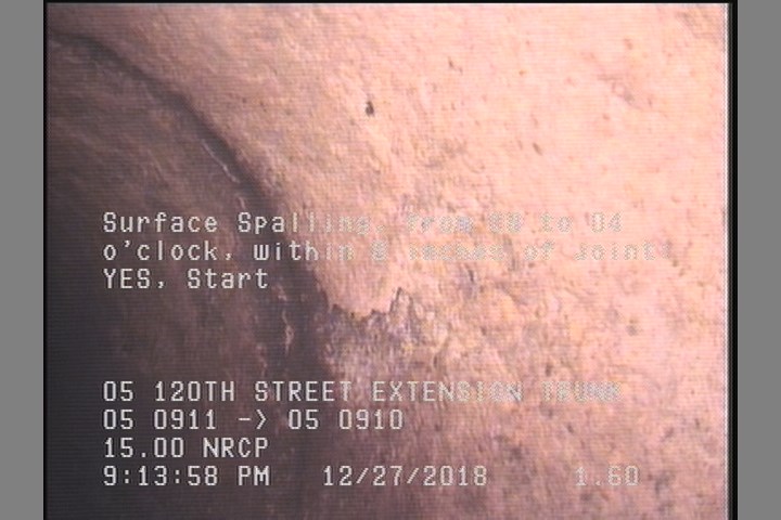 Surface Spalling, from 08 to 04 o'clock, within 8 inches of joint: YES, Start