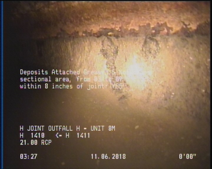 Deposits Attached Grease, 5 %of cross sectional area, from 03 to 09 o'clock, , within 8 inches of joint: YES