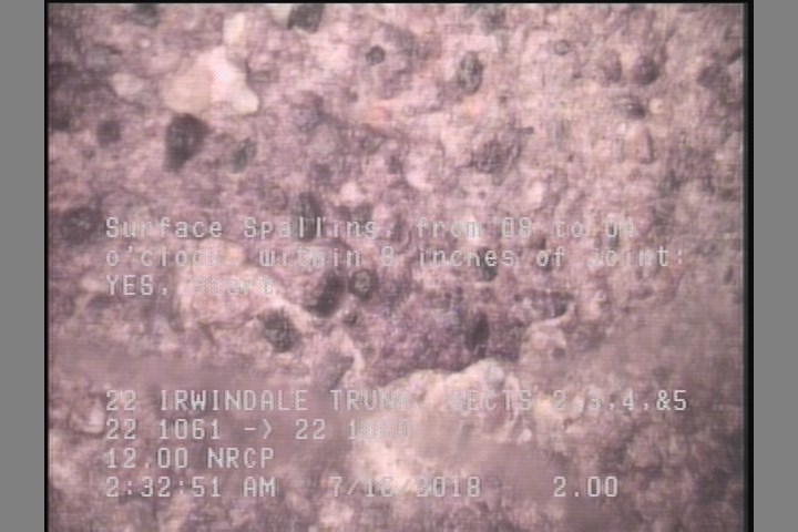 Surface Spalling, from 08 to 04 o'clock, within 8 inches of joint: YES, Start