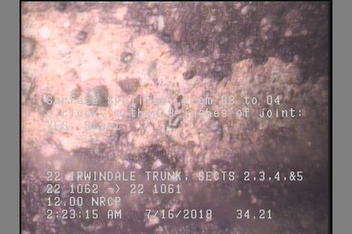 Surface Spalling, from 08 to 04 o'clock, within 8 inches of joint: YES, Start