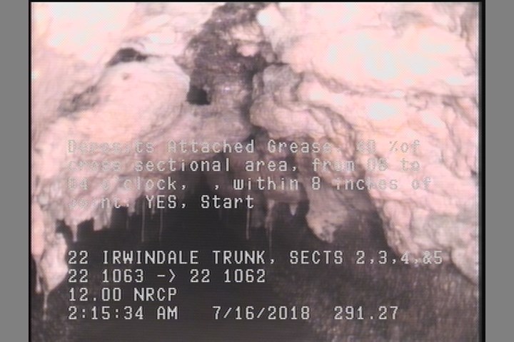 Deposits Attached Grease, 40 %of cross sectional area, from 08 to 04 o'clock, , within 8 inches of joint: YES, Start