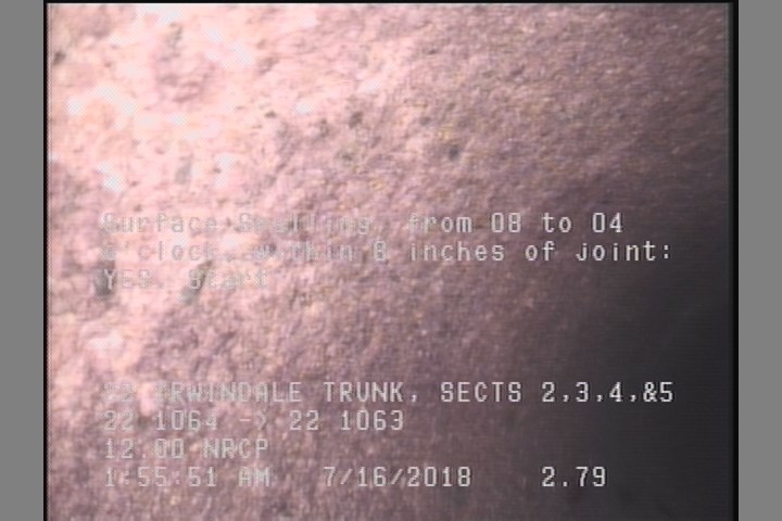 Surface Spalling, from 08 to 04 o'clock, within 8 inches of joint: YES, Start