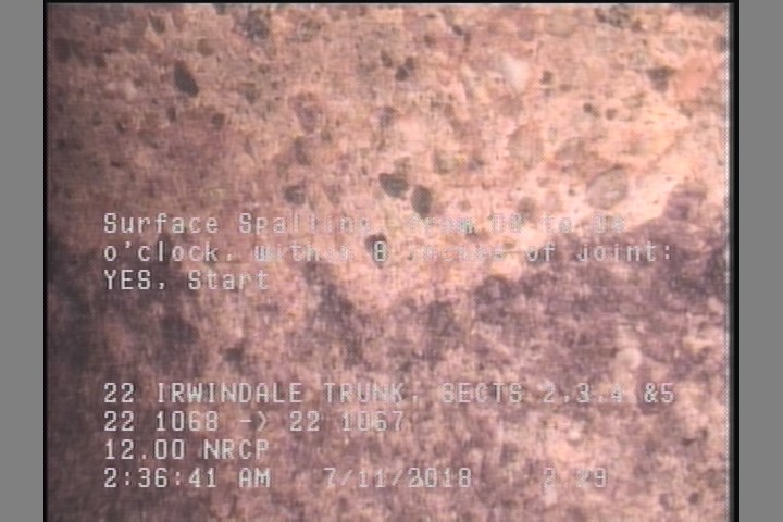 Surface Spalling, from 08 to 04 o'clock, within 8 inches of joint: YES, Start