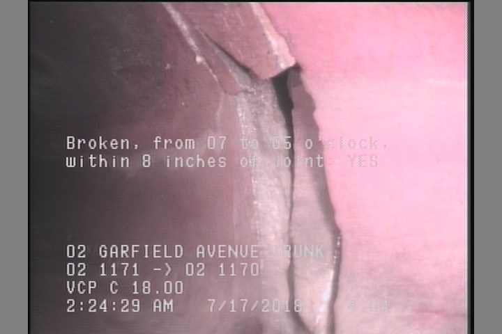Broken, from 07 to 05 o'clock, within 8 inches of joint: YES