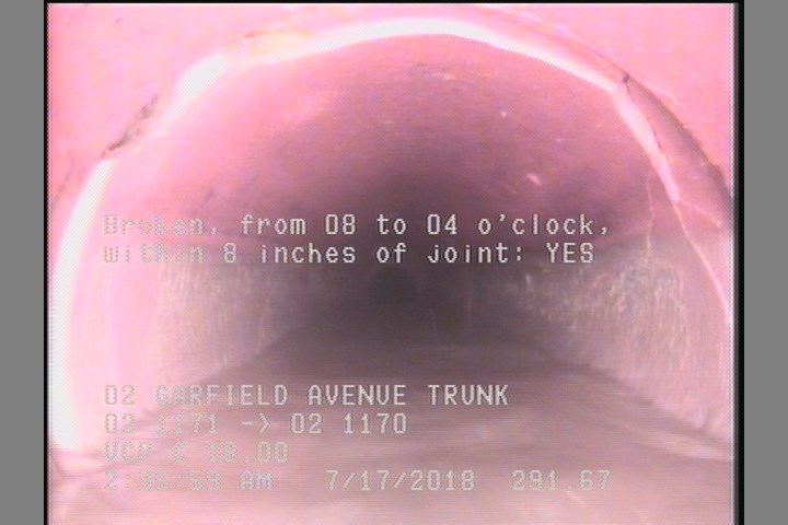 Broken, from 08 to 04 o'clock, within 8 inches of joint: YES