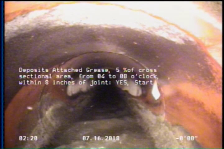 Deposits Attached Grease, 5 %of cross sectional area, from 04 to 08 o'clock, , within 8 inches of joint: YES, Start