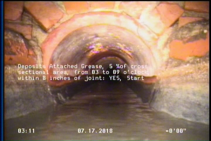 Deposits Attached Grease, 5 %of cross sectional area, from 03 to 09 o'clock, , within 8 inches of joint: YES, Start