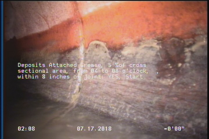 Deposits Attached Grease, 5 %of cross sectional area, from 04 to 08 o'clock, , within 8 inches of joint: YES, Start