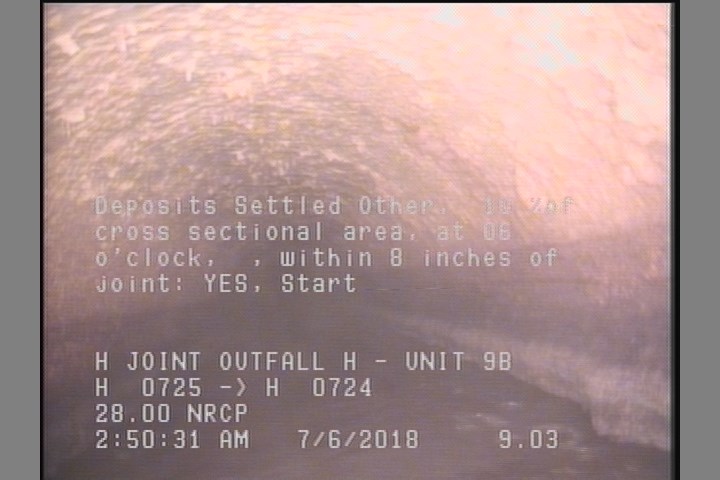 Deposits Settled Other, 10 %of cross sectional area, at 06 o'clock, , within 8 inches of joint: YES, Start