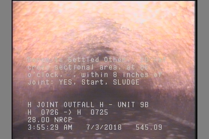 Deposits Settled Other, 10 %of cross sectional area, at 06 o'clock, , within 8 inches of joint: YES, Start - SLUDGE
