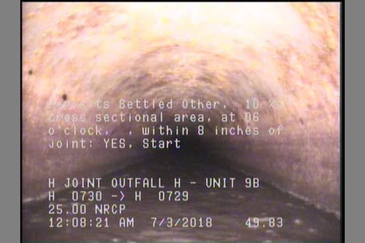 Deposits Settled Other, 10 %of cross sectional area, at 06 o'clock, , within 8 inches of joint: YES, Start