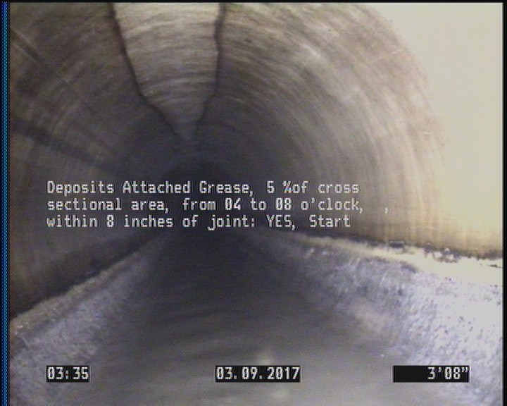 Deposits Attached Grease, 5 %of cross sectional area, from 04 to 08 o'clock, , within 8 inches of joint: YES, Start