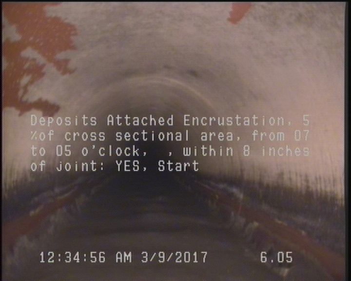 Deposits Attached Encrustation, 5 %of cross sectional area, from 07 to 05 o'clock, , within 8 inches of joint: YES, Start