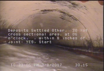 Deposits Settled Other, 20 %of cross sectional area, at 06 o'clock, , within 8 inches of joint: YES, Start