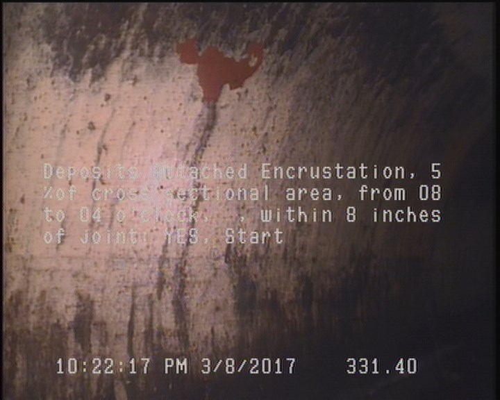 Deposits Attached Encrustation, 5 %of cross sectional area, from 08 to 04 o'clock, , within 8 inches of joint: YES, Start