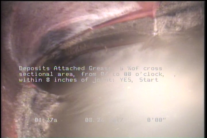 Deposits Attached Grease, 0 %of cross sectional area, from 03 to 09 o'clock, , within 8 inches of joint: YES