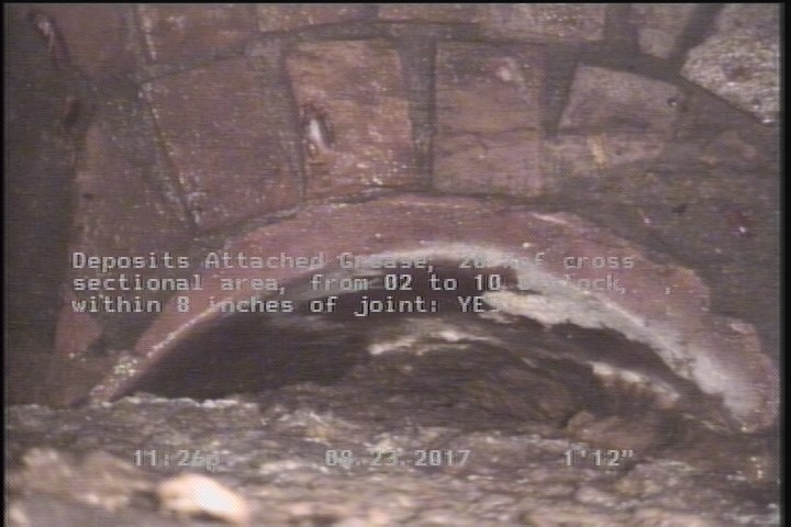Deposits Attached Grease, 20 %of cross sectional area, from 02 to 10 o'clock, , within 8 inches of joint: YES