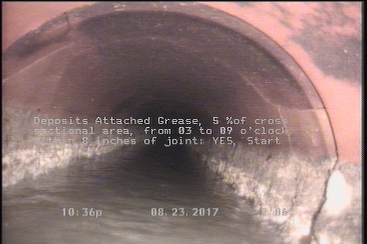 Deposits Attached Grease, 5 %of cross sectional area, from 03 to 09 o'clock, , within 8 inches of joint: YES, Start