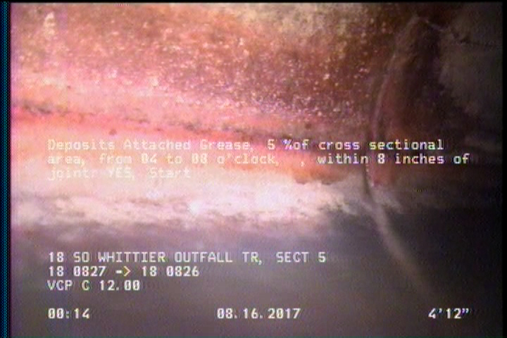 Deposits Attached Grease, 5 %of cross sectional area, from 04 to 08 o'clock, , within 8 inches of joint: YES, Start