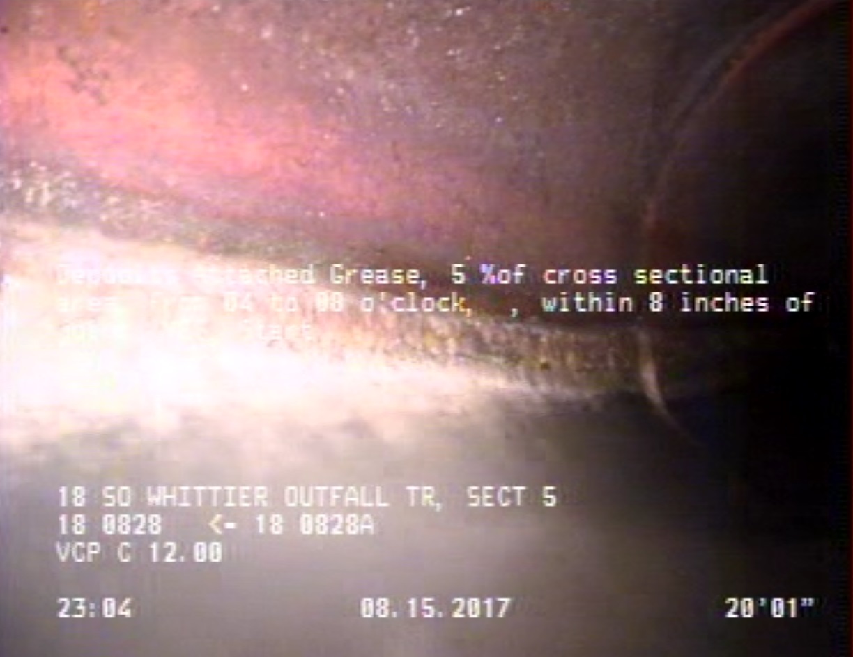 Deposits Attached Grease, 5 %of cross sectional area, from 04 to 08 o'clock, , within 8 inches of joint: YES, Start