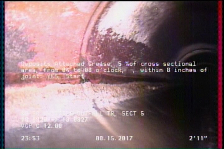 Deposits Attached Grease, 5 %of cross sectional area, from 04 to 08 o'clock, , within 8 inches of joint: YES, Start