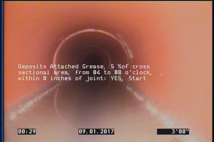 Deposits Attached Grease, 5 %of cross sectional area, from 04 to 08 o'clock, , within 8 inches of joint: YES, Start