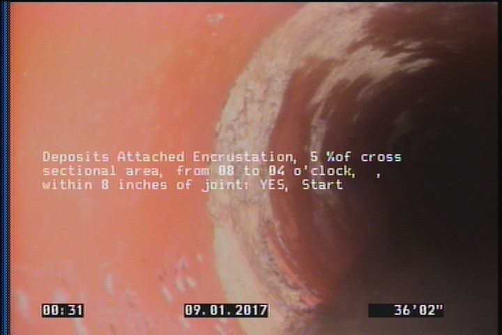 Deposits Attached Encrustation, 5 %of cross sectional area, from 08 to 04 o'clock, , within 8 inches of joint: YES, Start