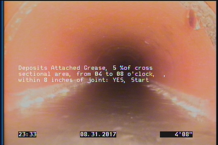 Deposits Attached Grease, 5 %of cross sectional area, from 04 to 08 o'clock, , within 8 inches of joint: YES, Start