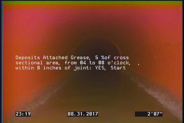 Deposits Attached Grease, 5 %of cross sectional area, from 04 to 08 o'clock, , within 8 inches of joint: YES, Start