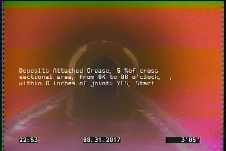 Deposits Attached Grease, 5 %of cross sectional area, from 04 to 08 o'clock, , within 8 inches of joint: YES, Start