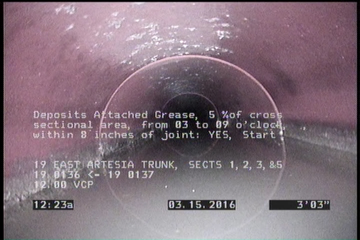 Deposits Attached Grease, 5 %of cross sectional area, from 03 to 09 o'clock, , within 8 inches of joint: YES, Start