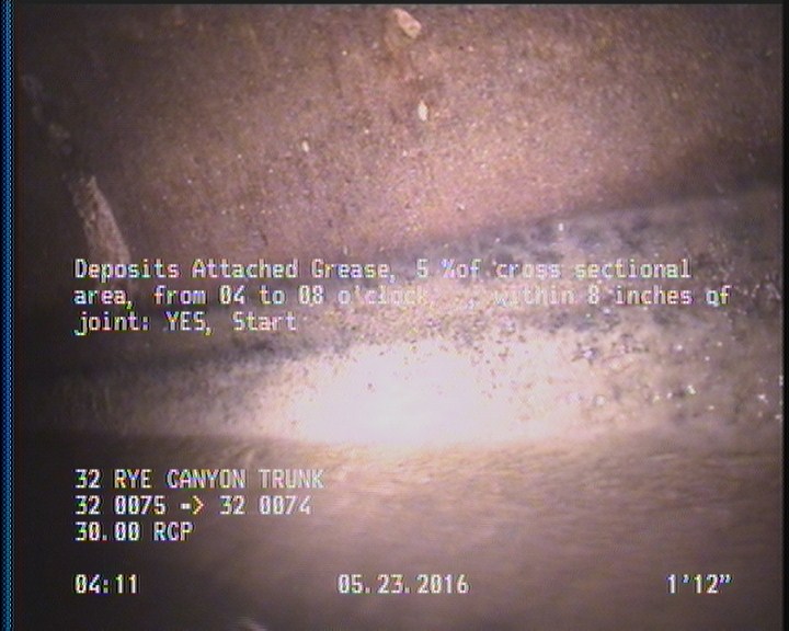 Deposits Attached Grease, 5 %of cross sectional area, from 04 to 08 o'clock, , within 8 inches of joint: YES, Start