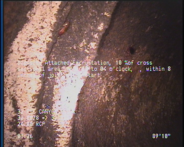 Deposits Attached Encrustation, 10 %of cross sectional area, from 08 to 04 o'clock, , within 8 inches of joint: YES, Start