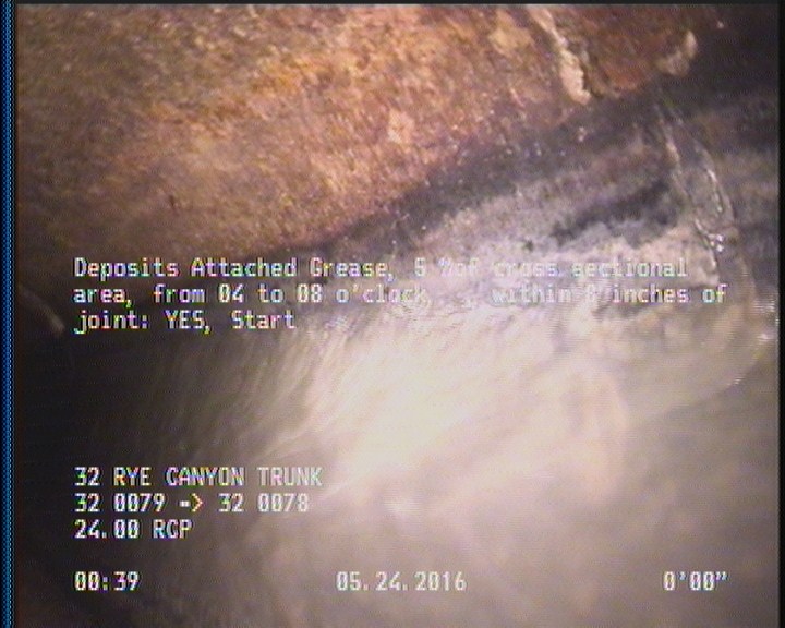Deposits Attached Grease, 5 %of cross sectional area, from 04 to 08 o'clock, , within 8 inches of joint: YES, Start