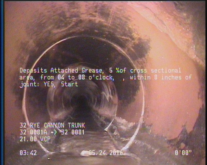 Deposits Attached Grease, 5 %of cross sectional area, from 04 to 08 o'clock, , within 8 inches of joint: YES, Start