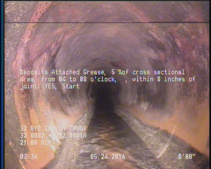 Deposits Attached Grease, 5 %of cross sectional area, from 04 to 08 o'clock, , within 8 inches of joint: YES, Start