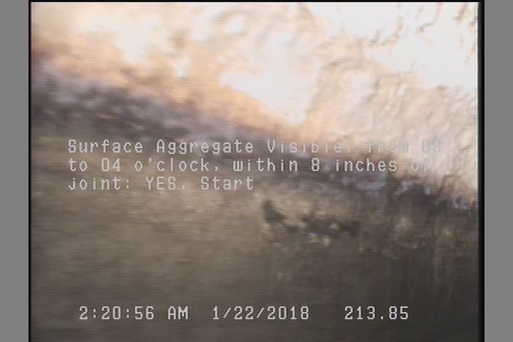 Surface Aggregate Visible, from 08 to 04 o'clock, within 8 inches of joint: YES, Start